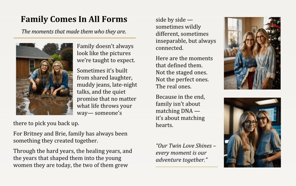 London Styles Magazine Winter 2025 pages 14–15 – Family Comes In All Forms feature celebrating Britney and Brie’s sisterhood through real moments, from muddy laughter to holiday togetherness, showing that family is chosen, supportive, and rooted in love