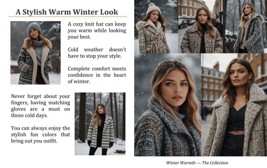 London Styles Magazine Winter 2025 pages 18–19 – A Stylish Warm Winter Look fashion editorial featuring cozy knit hats, textured coats, and stylish winter layering in London streets and snowy parks, part of the Winter Warmth collection
