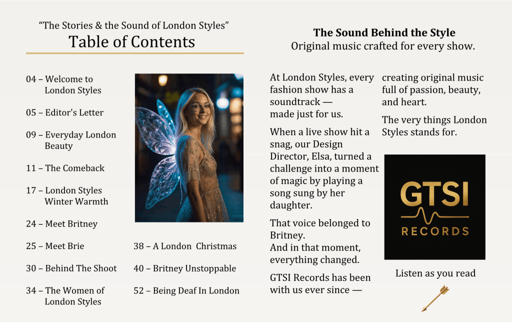 London Styles Magazine Winter 2025 pages 2–3 – Table of Contents and The Sound Behind the Style feature, introducing original music by GTSI Records and a portrait of Britney McClearn in illuminated fairy wings