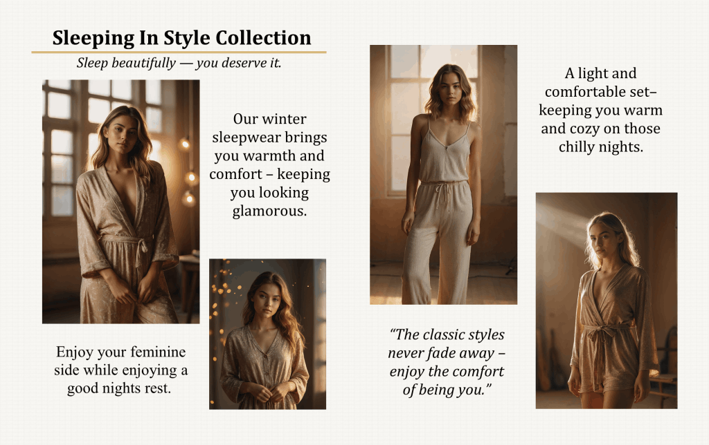 London Styles Magazine Winter 2025 pages 20–21 – Sleeping In Style Collection showcasing glamorous winter sleepwear and cozy loungewear, with soft lighting and feminine comfort-focused fashion photography