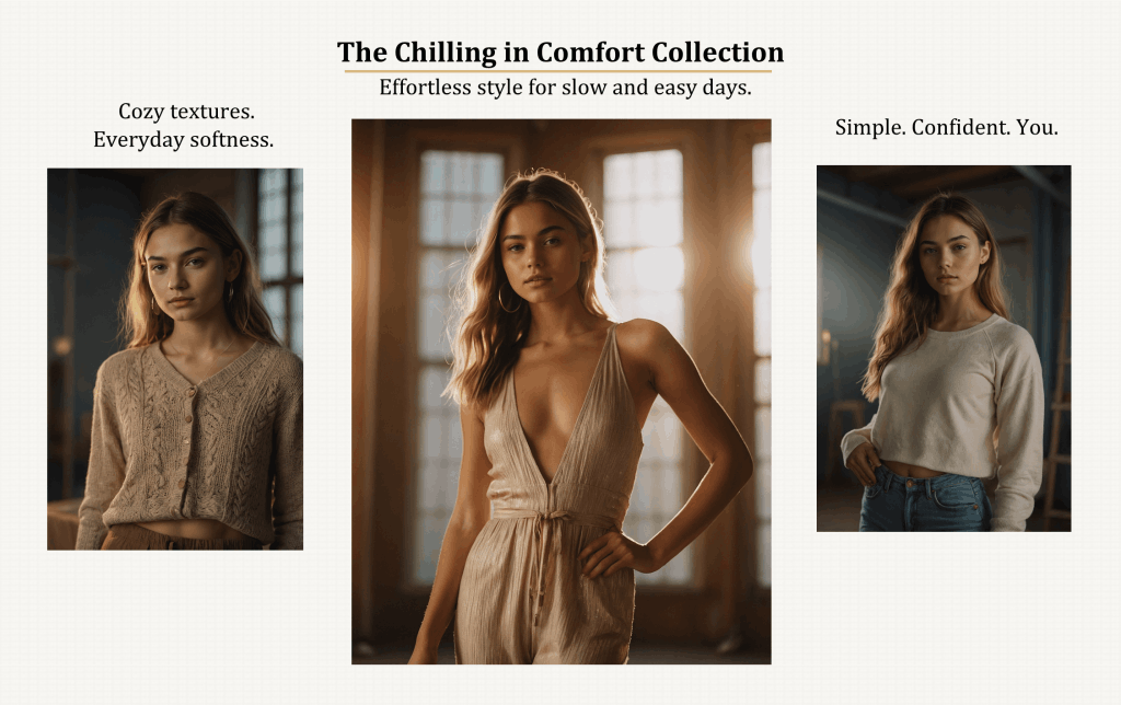 London Styles Magazine Winter 2025 pages 22–23 – The Chilling in Comfort Collection featuring cozy knit textures, effortless neutral outfits, and relaxed winter style for slow and easy days with soft, natural indoor lighting