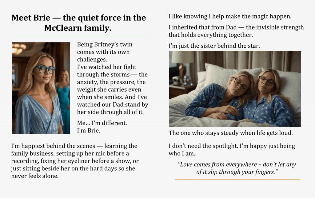 London Styles Magazine Winter 2025 pages 28–29 – Meet Brie feature highlighting the quiet strength and support behind the McClearn family, with portraits of Brie in soft blue tones and a tender image of the twins together, focusing on love, resilience, and behind-the-scenes creativity