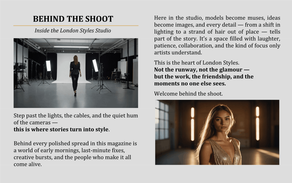 London Styles Magazine Winter 2025 pages 30–31 – Behind the Shoot feature inside the London Styles Studio, showing professional photography equipment and a model walking toward the backdrop, paired with a golden-hour portrait highlighting the creative process behind fashion editorials