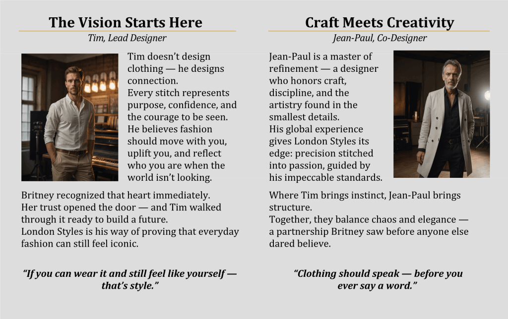 London Styles Magazine Winter 2025 pages 32–33 – Designer profiles featuring Tim, Lead Designer, and Jean-Paul, Co-Designer, highlighting the creative vision and craftsmanship behind London Styles with expressive studio portraits and fashion industry storytelling