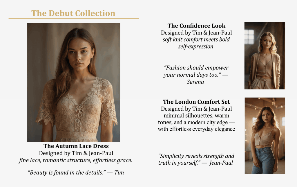 London Styles Magazine Winter 2025 pages 36–37 – The Debut Collection featuring The Autumn Lace Dress and neutral-toned comfort looks designed by Tim and Jean-Paul, showcasing romantic lace, warm textures, and modern city-style elegance in editorial portrait photography