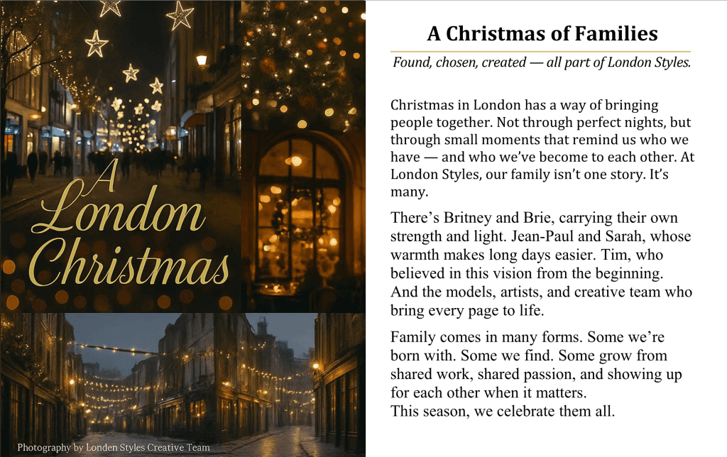 London Styles Magazine Winter 2025 pages 38–39 — A London Christmas feature with festive city streets lit by golden star lights, cozy holiday window displays, and editorial writing celebrating family, community, and the creative team behind London Styles