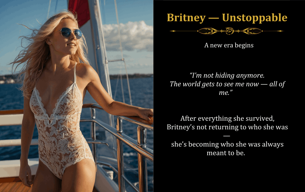 London Styles Magazine Winter 2025 pages 40–41 – Britney Unstoppable feature showing Britney confidently posing on a yacht in a white lace bodysuit under the sun, symbolizing her new era of strength, freedom, and self-expression with bold empowering editorial text