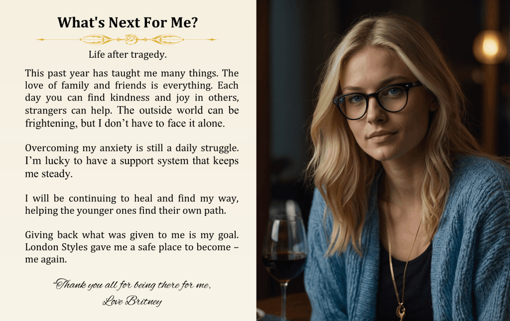 London Styles Magazine Winter 2025 pages 50-51 — What's Next For Me? Britney McClearn sharing her journey of life after tragedy, healing from anxiety, and finding strength with family and support while seated in a cozy restaurant wearing glasses and a blue cardigan