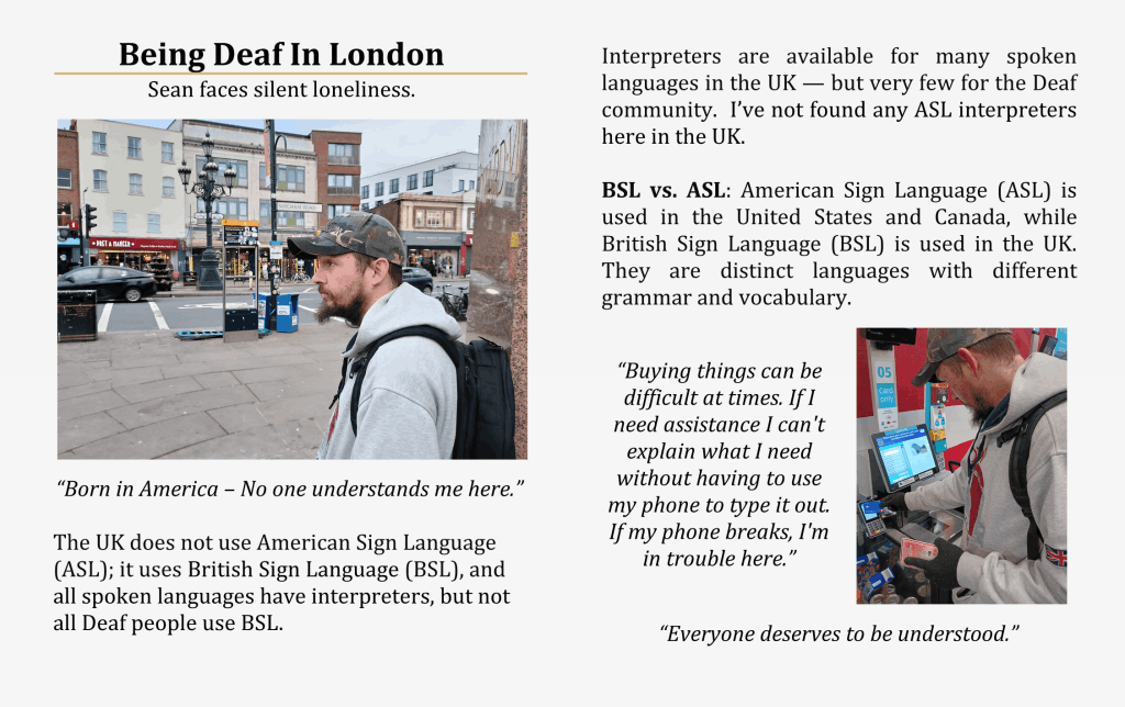 London Styles Magazine Winter 2025 pages 52-53 — Being Deaf in London. A personal story of Sean, a Deaf American living in the UK, experiencing isolation due to differences between ASL and BSL. Images show Sean navigating city streets and using a self-checkout machine while expressing that communication barriers make daily tasks difficult in London.